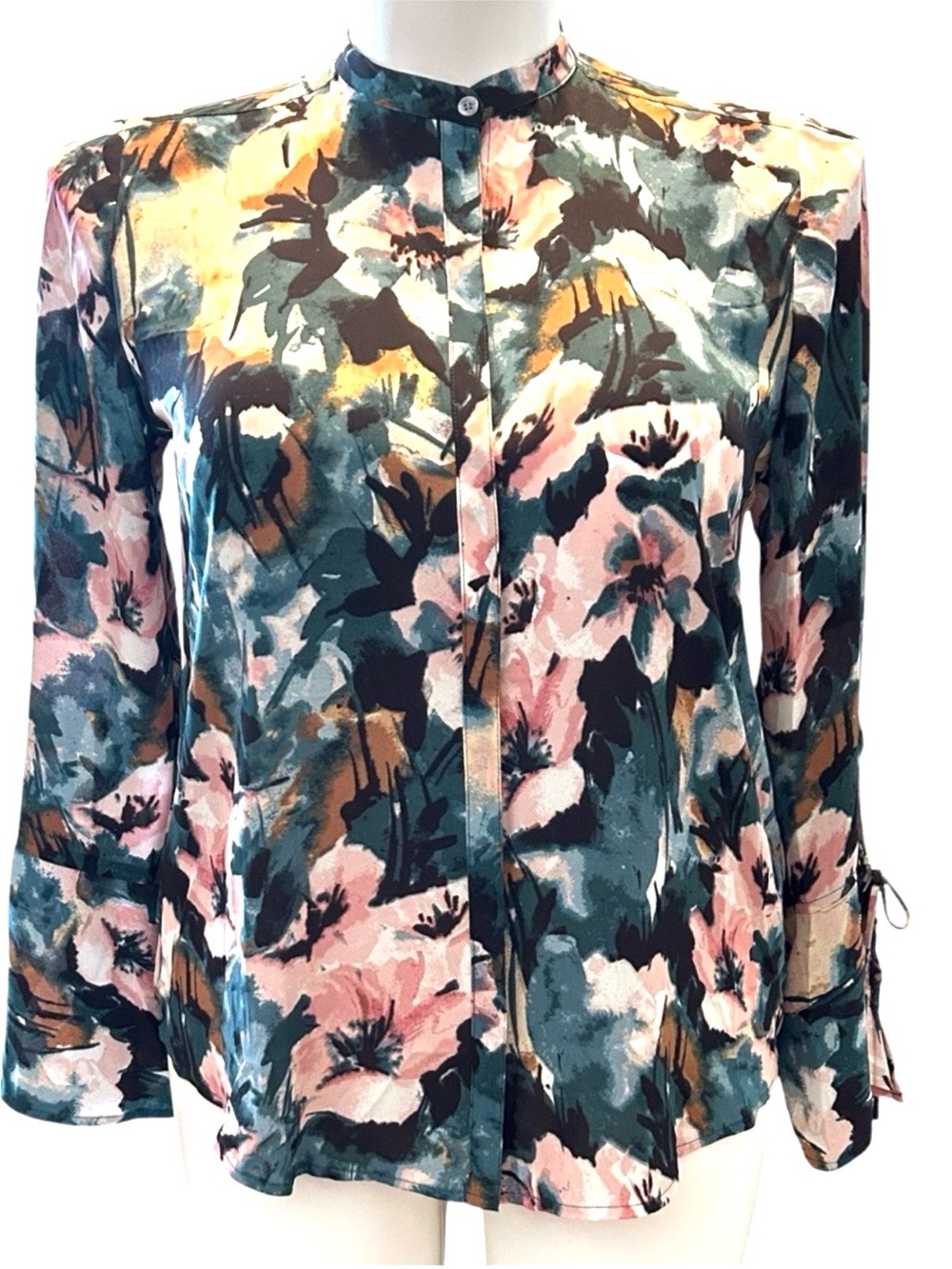💐Lucky Brand Floral Mandarin-Collar Blouse in Pink, Blue & Brown